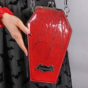 Sourpuss Red Coffin Shimmering Spiderweb Handbag No Inner Lining